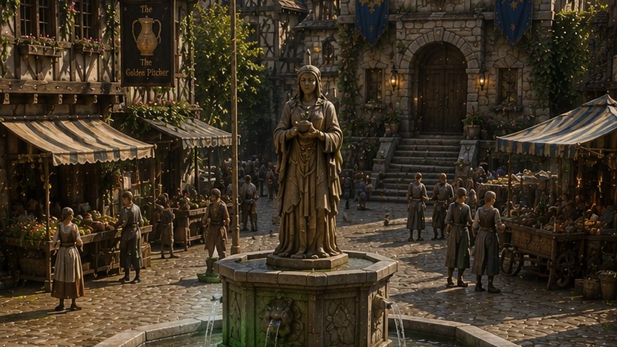 Concept art of the village square in Wulfmere: a carved stone fountain, market stalls and villagers at work.